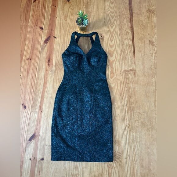 THEIA Turquoise Sparkly Mini Dress Women’s SIZE 2 Mesh Accented Back - Picture 1 of 11